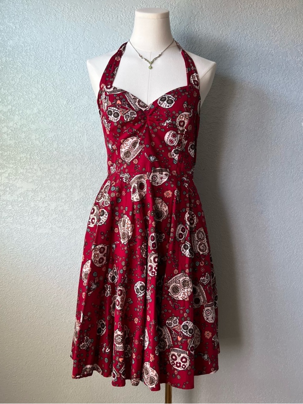 Y2K Hell Bunny Red Skull Halter Dress Rockabilly Goth Pinup Fit Flare Size L